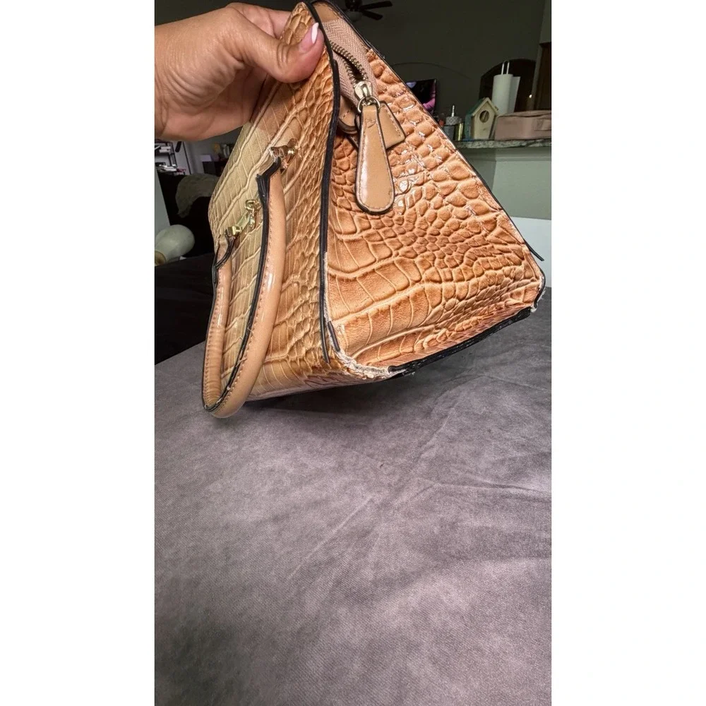 Brown Croc Embossed Structured Satchel Top Handle Handbag Purse Gold Hardware